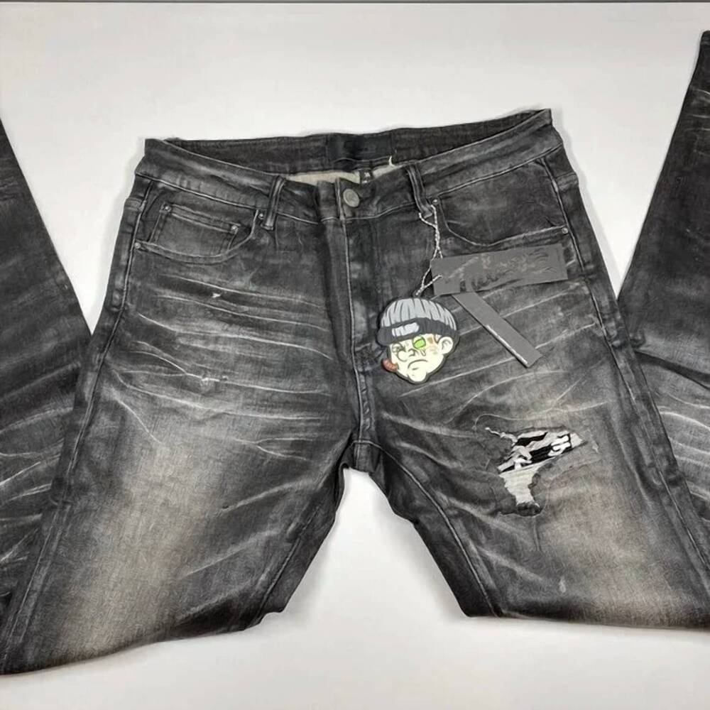 NEW TULONES men’s euro distressed denim skinny jeans in coated black